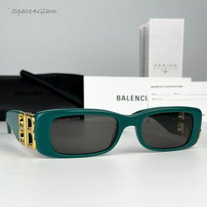 NEW Balenciaga BB0096S 006 Green Gold Logo Grey Rectangle Unisex Sunglasses